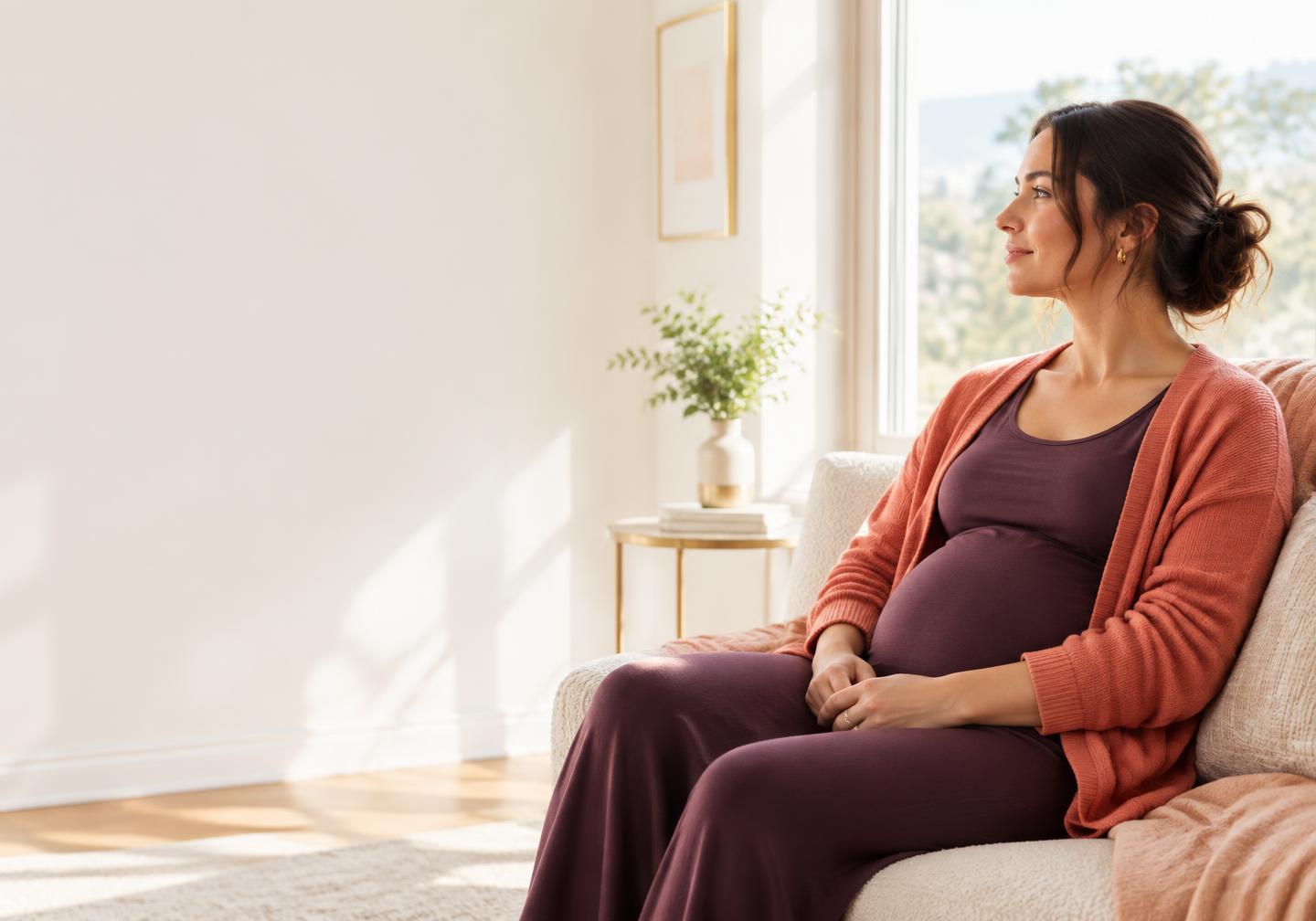 A pregnant woman sitting comfortably beside a sunlit window